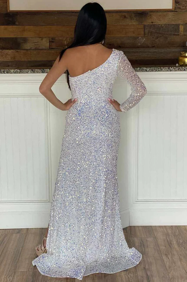 Vestido de fiesta largo estilo sirena con abertura lateral y un hombro con lentejuelas